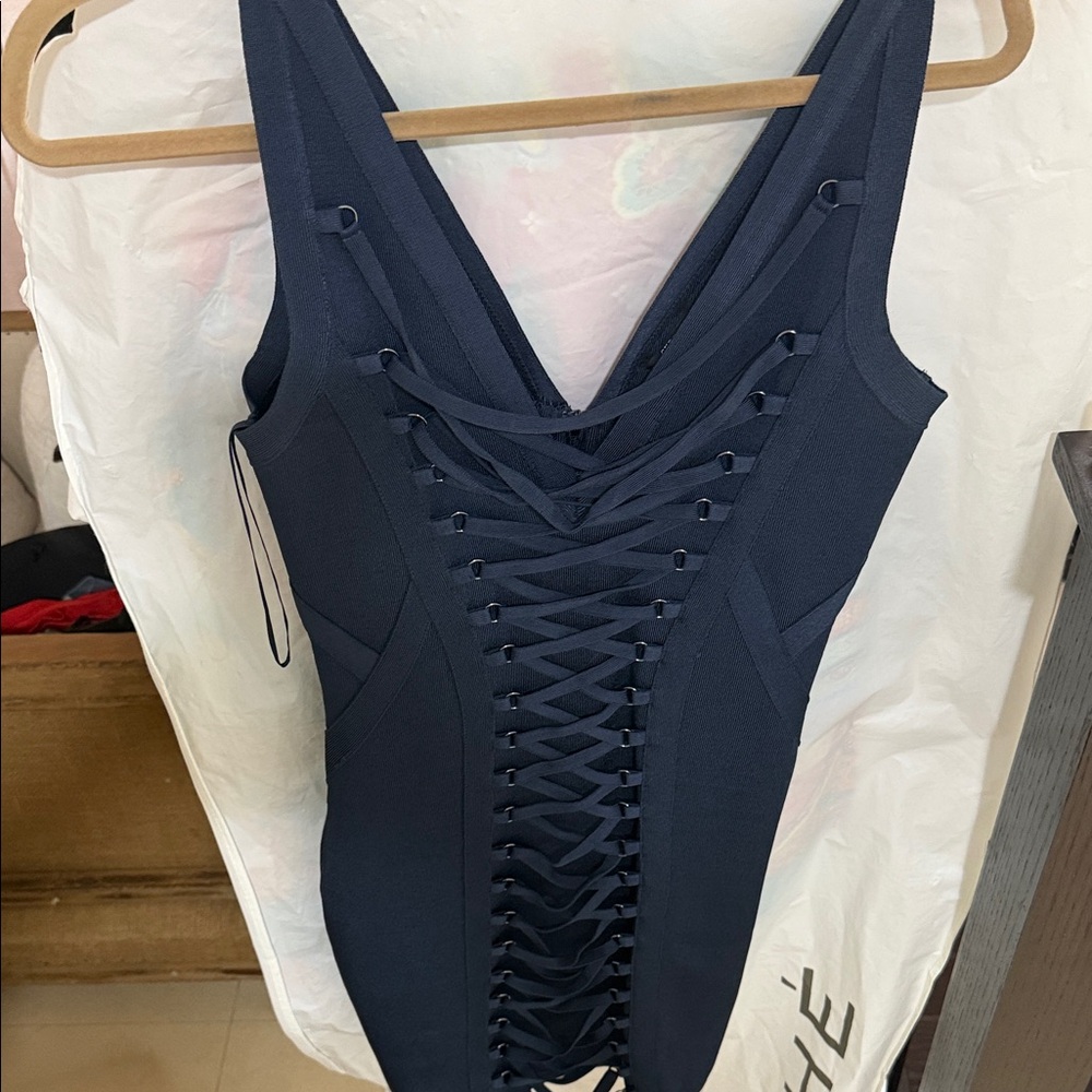 Guess Navy Lace-Up Bodycon Dress
